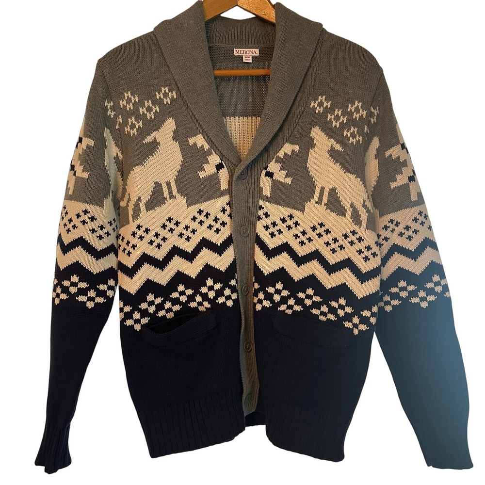 Merona Fair Isle cardigan sweater men's Size M gray blue shawl collar